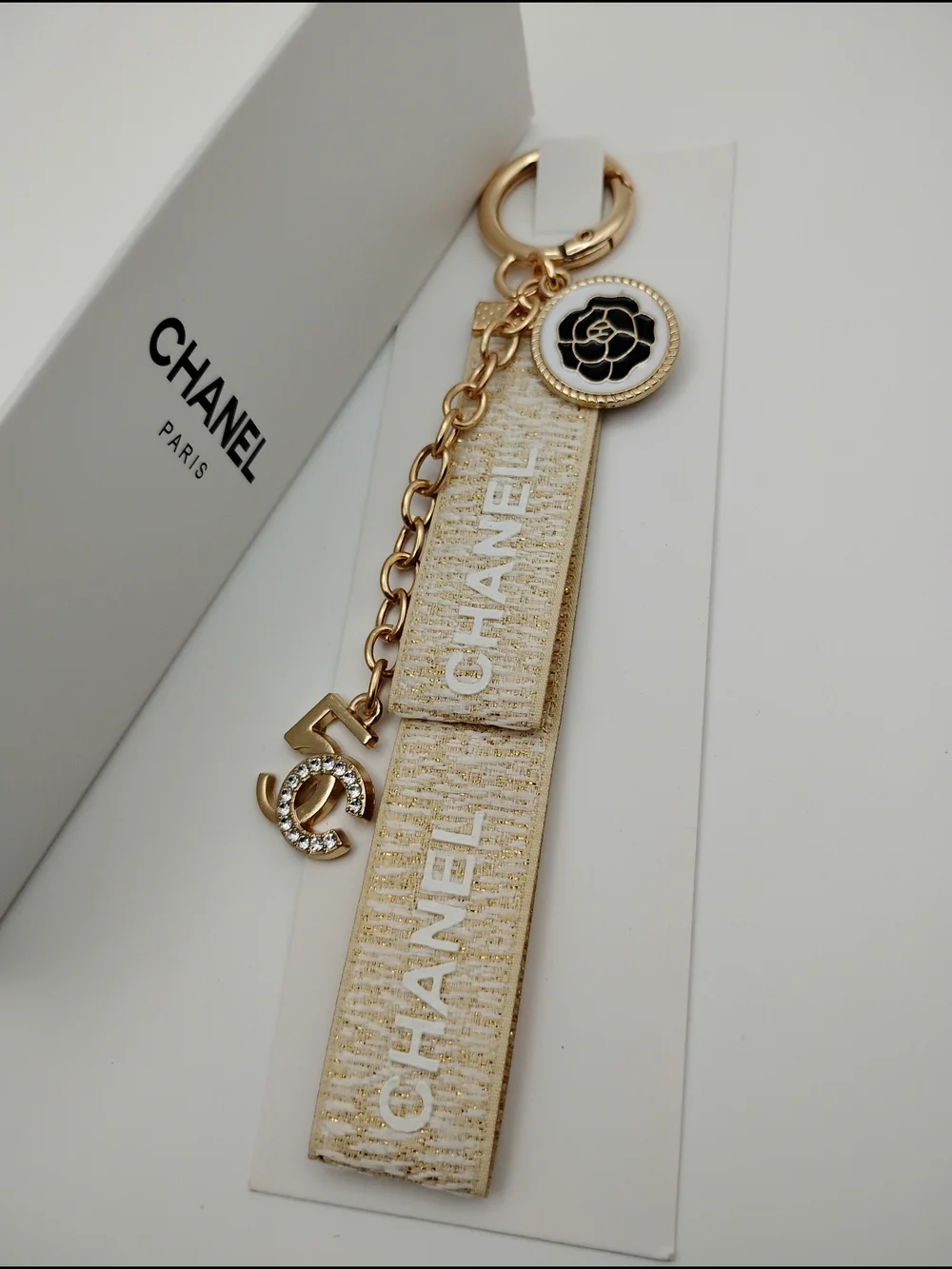 CHANEL Gold and Ivory Logo Charm Strap Keyring AUTHENTIC -BNIB